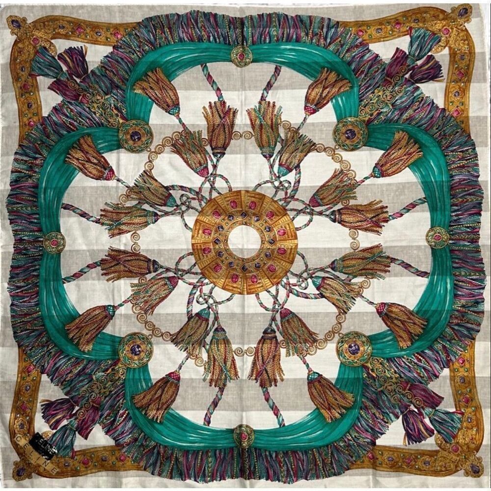 Vintage Celine 18x18 Scarf Maximalist Tassel Gem Print Artsy Cotton Luxury - Picture 2 of 4